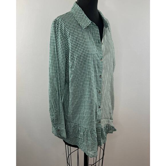 LOGO by Lori Goldstein Green White Gingham Stripe Ruffle Hem Button-Down Shirt L - Picture 2 of 6